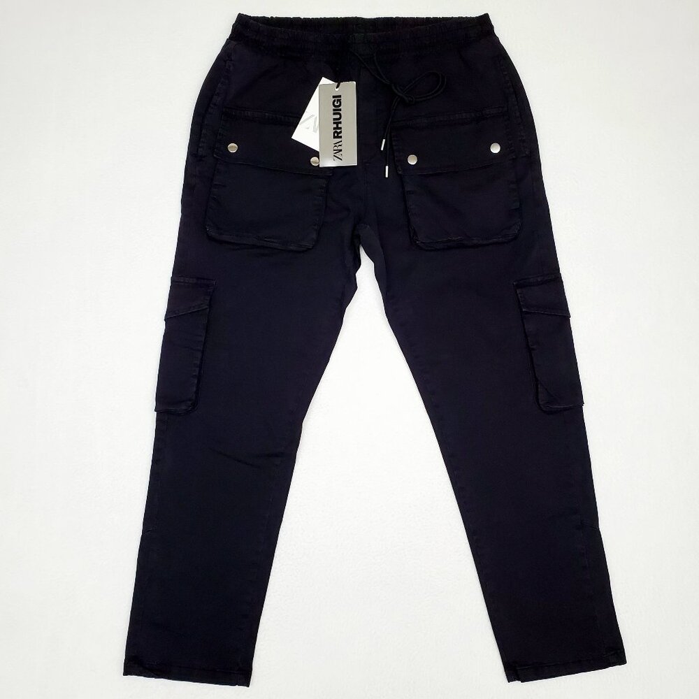 ZARA x RHUIGI Mens Size XL Black Cargo Pants Utility Pockets Straight Leg Collab